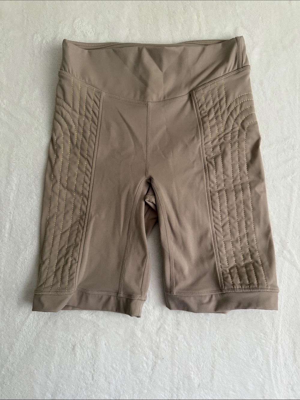 Fabletics Quilted High-Waist Traputo Motion 365 Bike Shorts — Taupe